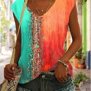 Sleeveless Scoop Neck Tank in Aqua and Coral. Sz L